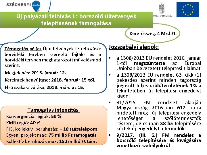 Új pályázati felhívás I. : borszőlő ültetvények telepítésének támogatása Keretösszeg: 4 Mrd Ft Támogatás