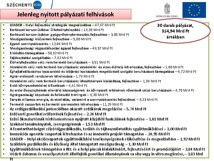 Jelenleg nyitott pályázati felhívások • • • • • • • LEADER – Helyi