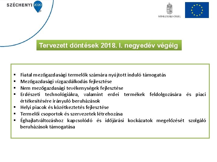 Tervezett döntések 2018. I. negyedév végéig Fiatal mezőgazdasági termelők számára nyújtott induló támogatás Mezőgazdasági