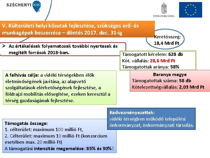 V. Külterületi helyi közutak fejlesztése, szükséges erő- és munkagépek beszerzése – döntés 2017. dec.