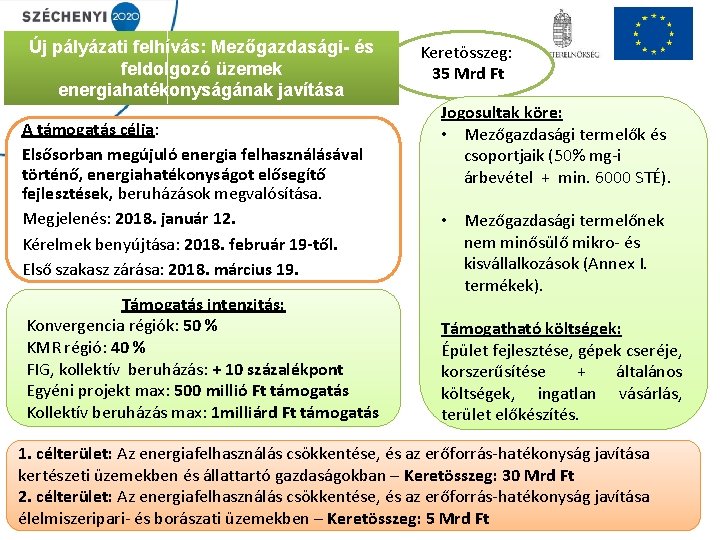 Új pályázati felhívás: Mezőgazdasági- és feldolgozó üzemek energiahatékonyságának javítása A támogatás célja: Elsősorban megújuló