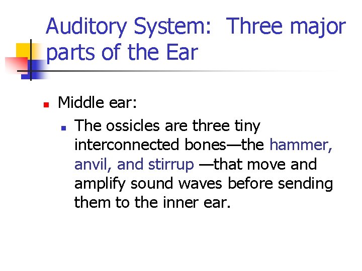 Auditory System: Three major parts of the Ear n Middle ear: n The ossicles