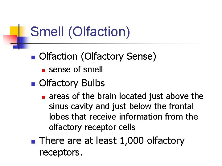 n Olfaction (Olfactory Sense) n n sense of smell Olfactory Bulbs n n LO