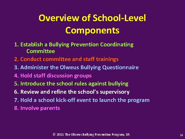 Overview of School-Level Components 1. Establish a Bullying Prevention Coordinating Committee 2. Conduct committee