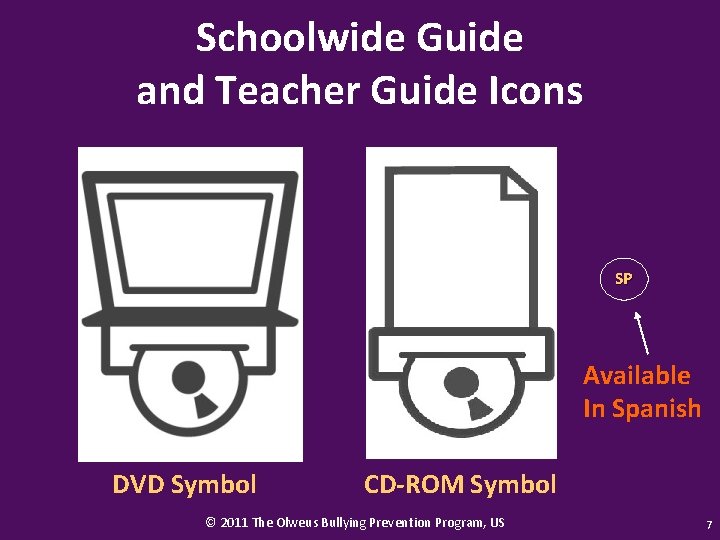 Schoolwide Guide and Teacher Guide Icons SP Available In Spanish DVD Symbol CD-ROM Symbol