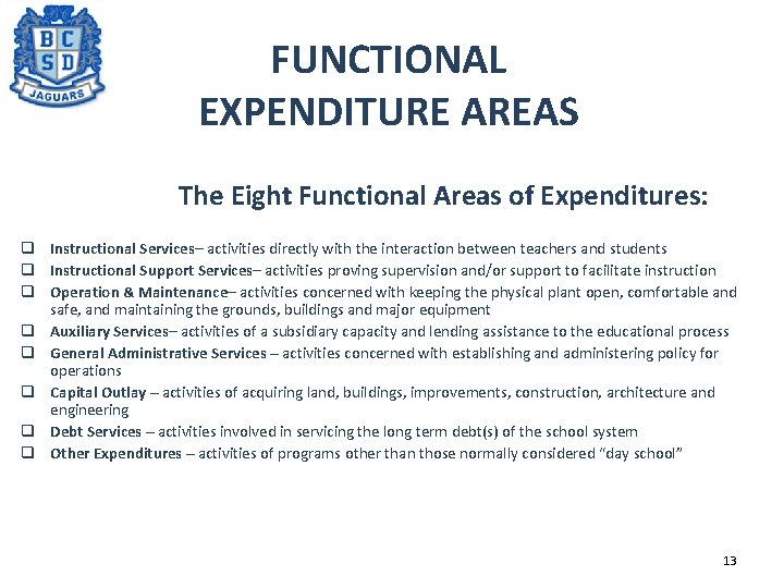 FUNCTIONAL EXPENDITURE AREAS The Eight Functional Areas of Expenditures: q Instructional Services– activities directly