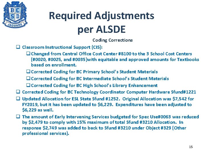 Required Adjustments per ALSDE q q Coding Corrections Classroom Instructional Support (CIS): q Changed