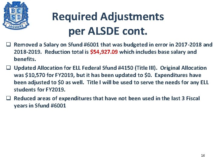 Required Adjustments per ALSDE cont. q Removed a Salary on Sfund #6001 that was