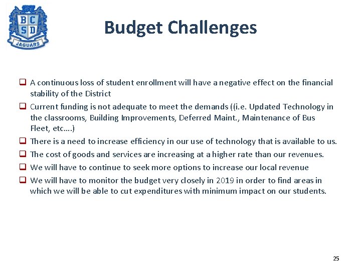 Budget Challenges q A continuous loss of student enrollment will have a negative effect