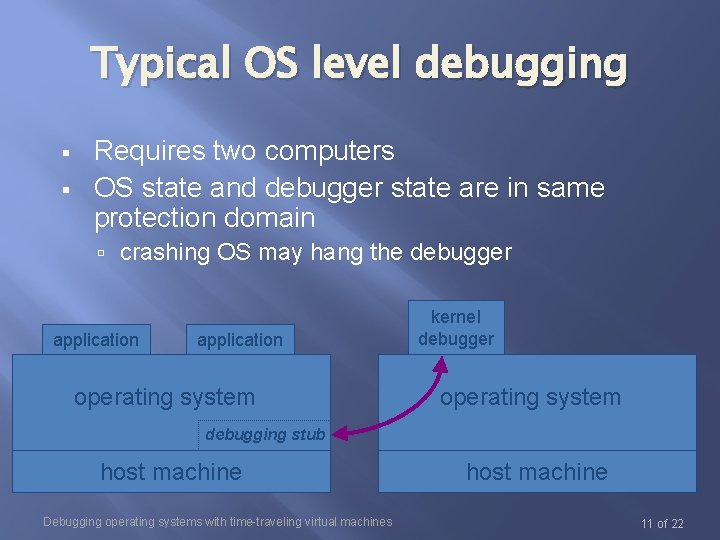 Typical OS level debugging Requires two computers OS state and debugger state are in Typical OS level debugging Requires two computers OS state and debugger state are in