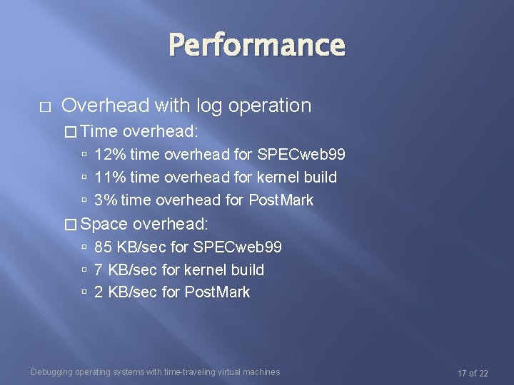 Performance � Overhead with log operation � Time overhead: 12% time overhead for SPECweb Performance � Overhead with log operation � Time overhead: 12% time overhead for SPECweb