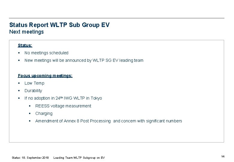 Status Report WLTP Sub Group EV Next meetings Status: § No meetings scheduled §