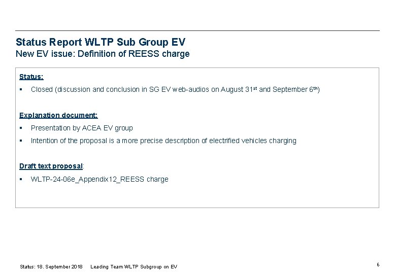 Status Report WLTP Sub Group EV New EV issue: Definition of REESS charge Status:
