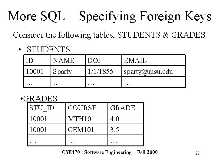 More SQL – Specifying Foreign Keys Consider the following tables, STUDENTS & GRADES •