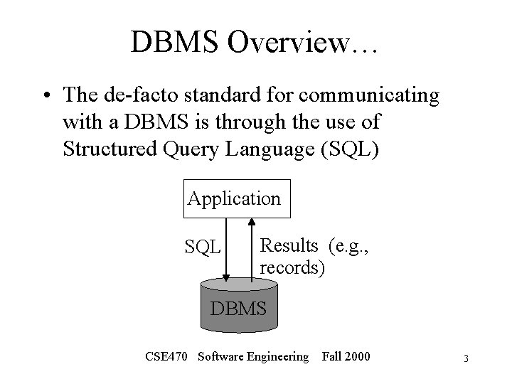 DBMS Overview… • The de-facto standard for communicating with a DBMS is through the