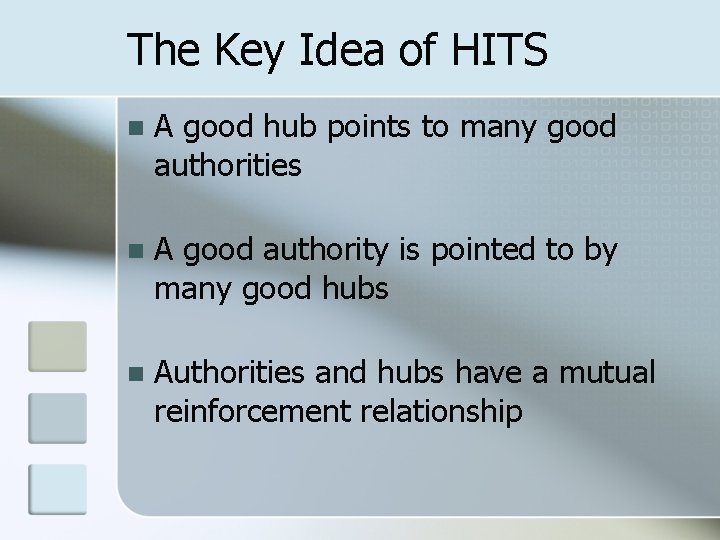 The Key Idea of HITS n A good hub points to many good authorities