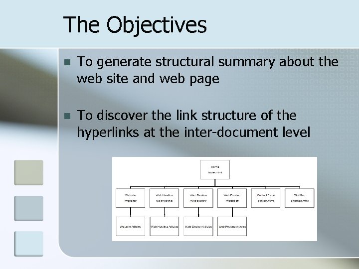 The Objectives n To generate structural summary about the web site and web page