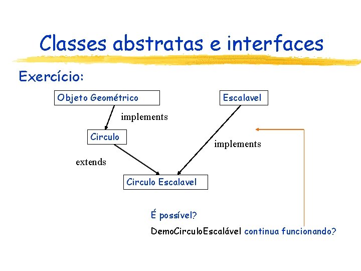 Classes abstratas e interfaces Exercício: Objeto Geométrico Escalavel implements Circulo implements extends Circulo Escalavel