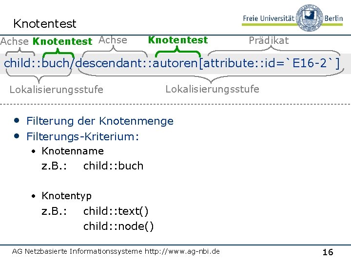 Knotentest Achse Knotentest Prädikat child: : buch/descendant: : autoren[attribute: : id=`E 16 -2`] Lokalisierungsstufe