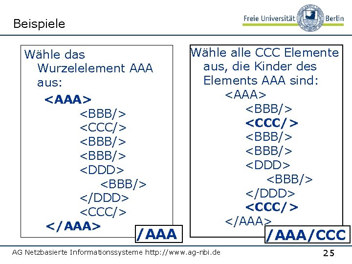 Beispiele Wähle das Wurzelelement AAA aus: <AAA> <BBB/> <CCC/> <BBB/> <DDD> <BBB/> </DDD> <CCC/>