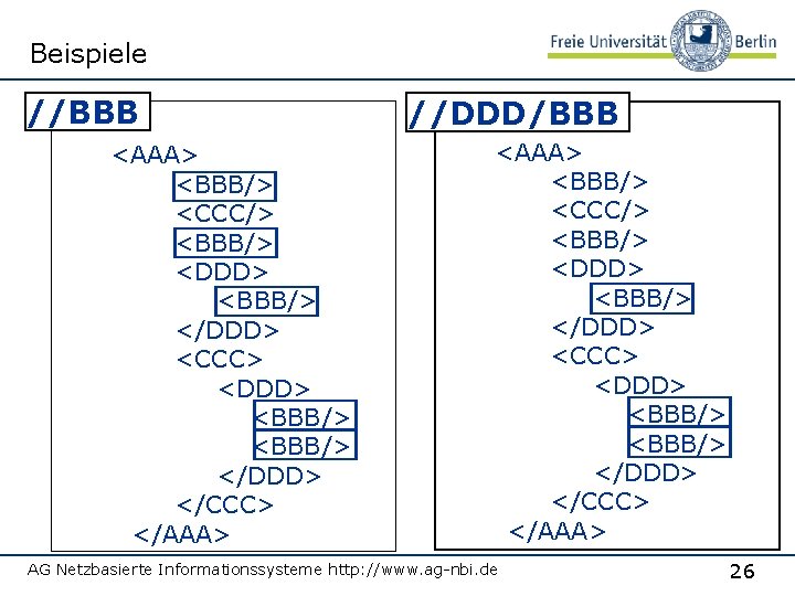Beispiele //BBB <AAA> <BBB/> <CCC/> <BBB/> <DDD> <BBB/> </DDD> <CCC> <DDD> <BBB/> </DDD> </CCC>