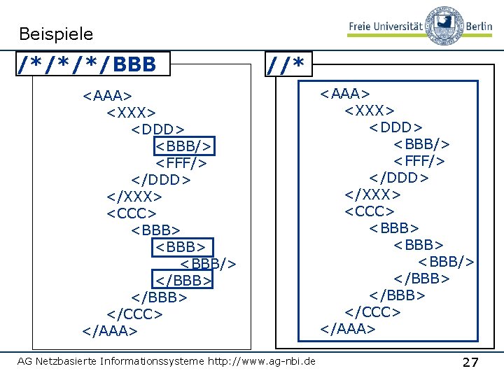 Beispiele /*/*/*/BBB //* <AAA> <XXX> <DDD> <BBB/> <FFF/> </DDD> </XXX> <CCC> <BBB> <BBB/> </BBB>