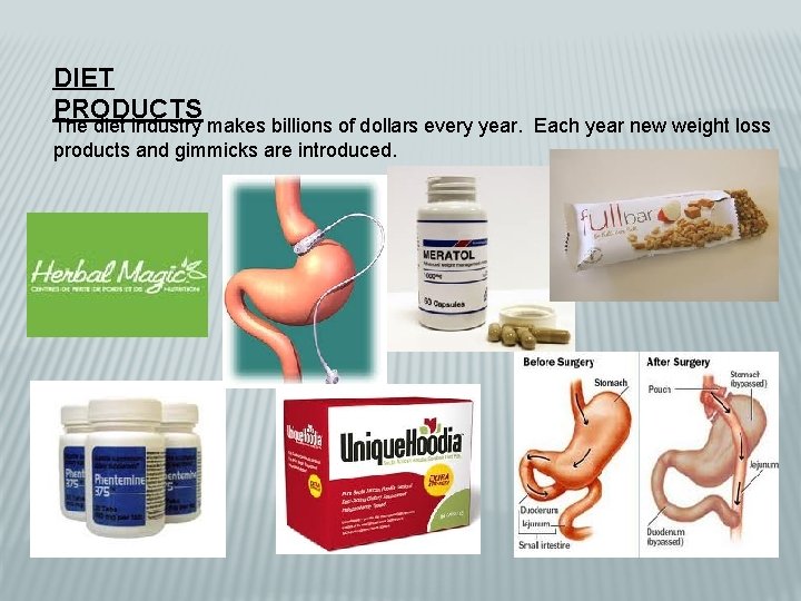 DIET PRODUCTS The diet industry makes billions of dollars every year. Each year new