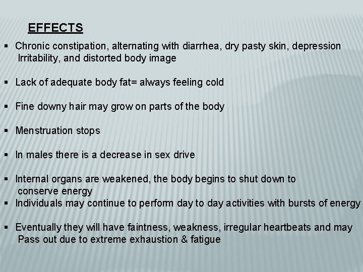 EFFECTS § Chronic constipation, alternating with diarrhea, dry pasty skin, depression Irritability, and distorted