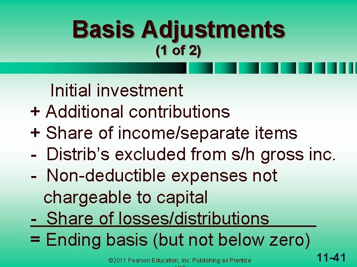 Basis Adjustments (1 of 2) Initial investment + Additional contributions + Share of income/separate