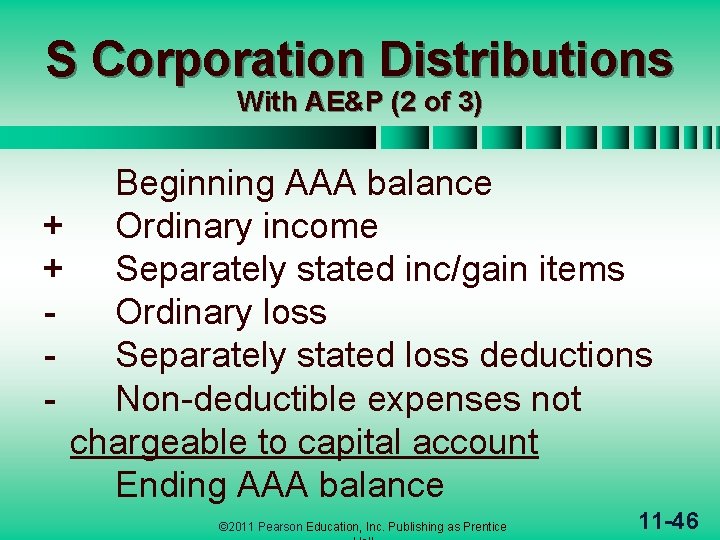 S Corporation Distributions With AE&P (2 of 3) Beginning AAA balance + Ordinary income