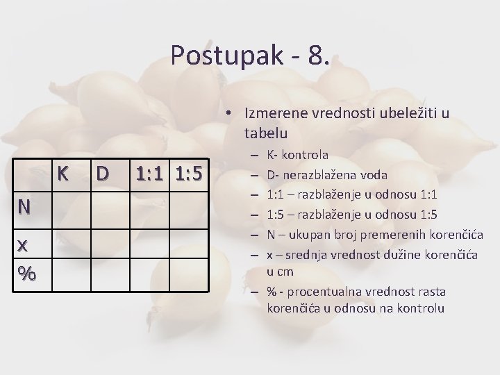 Postupak - 8. • Izmerene vrednosti ubeležiti u tabelu K N x % D