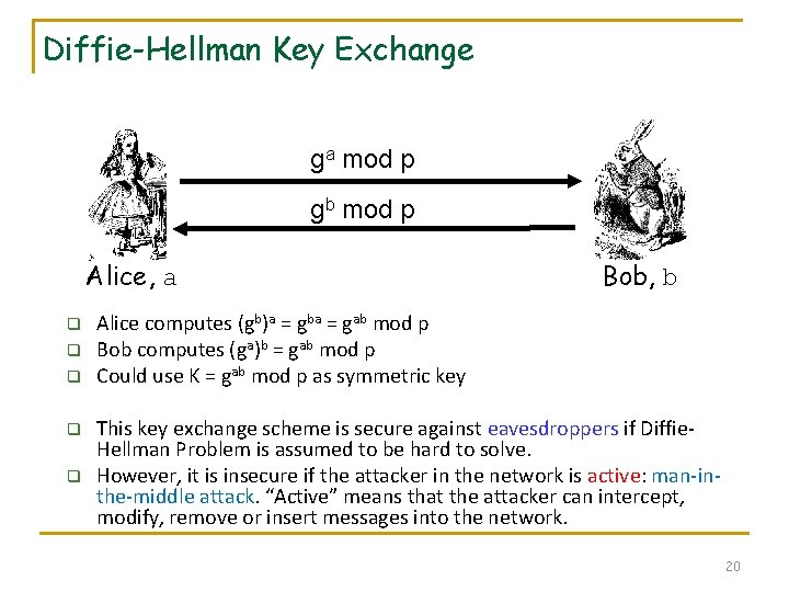 Diffie-Hellman Key Exchange ga mod p gb mod p Alice, a q q q Diffie-Hellman Key Exchange ga mod p gb mod p Alice, a q q q