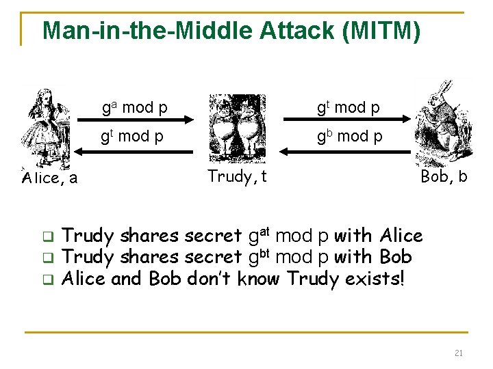 Man-in-the-Middle Attack (MITM) Alice, a q q q ga mod p gt mod p Man-in-the-Middle Attack (MITM) Alice, a q q q ga mod p gt mod p