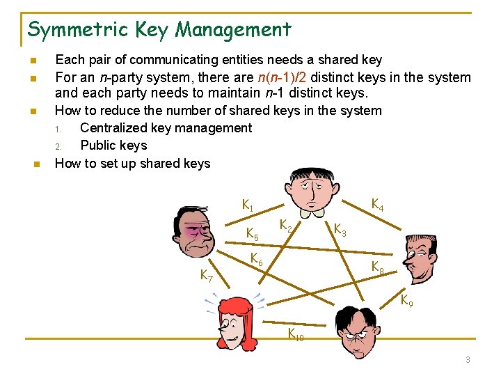 Symmetric Key Management n Each pair of communicating entities needs a shared key n Symmetric Key Management n Each pair of communicating entities needs a shared key n
