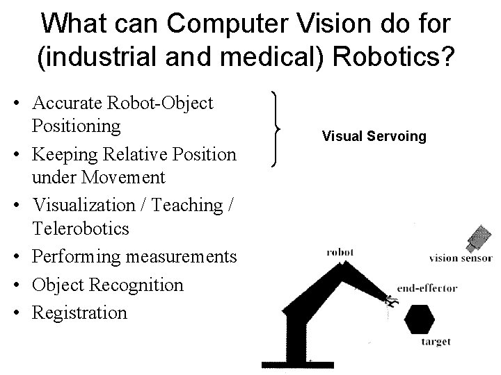 What can Computer Vision do for (industrial and medical) Robotics? • Accurate Robot-Object Positioning