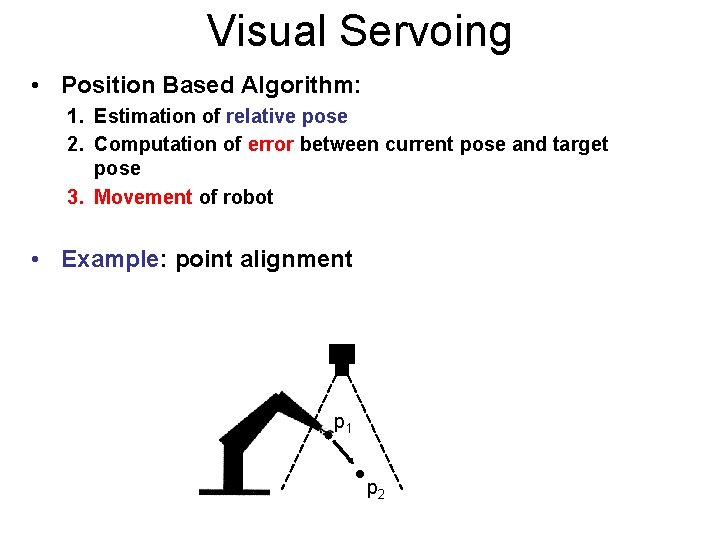 Visual Servoing • Position Based Algorithm: 1. Estimation of relative pose 2. Computation of