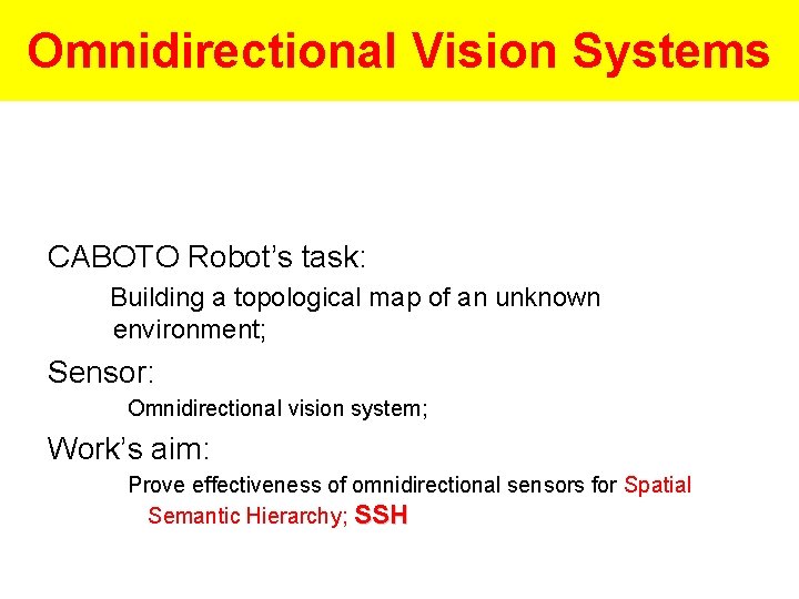 Omnidirectional Vision Systems CABOTO Robot’s task: Building a topological map of an unknown environment;