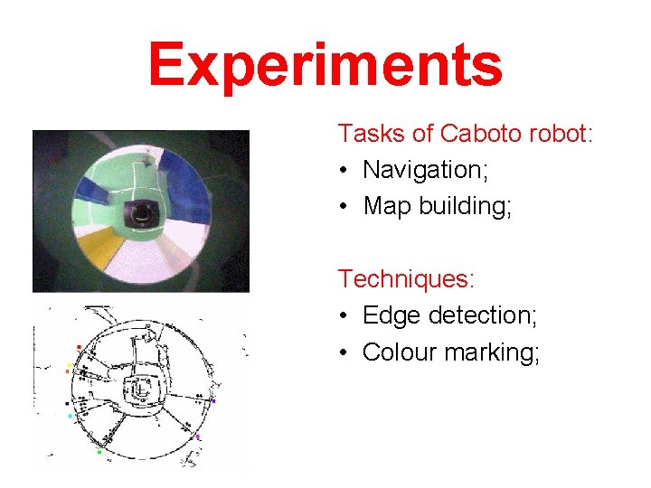 Experiments Tasks of Caboto robot: • Navigation; • Map building; Techniques: • Edge detection;