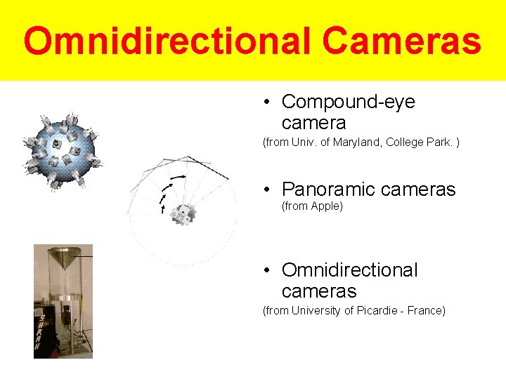 Omnidirectional Cameras • Compound-eye camera (from Univ. of Maryland, College Park. ) • Panoramic