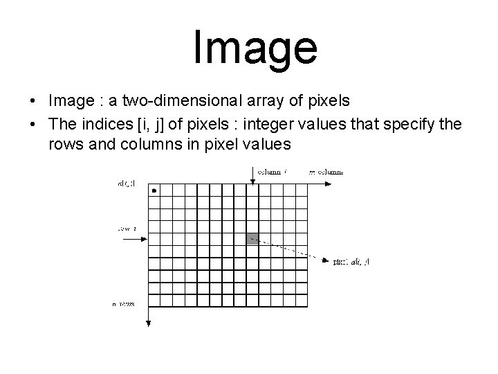 Image • Image : a two-dimensional array of pixels • The indices [i, j]