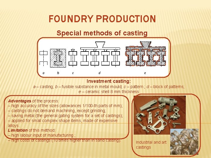 FOUNDRY PRODUCTION Special methods of casting a b c d e Investment casting: a