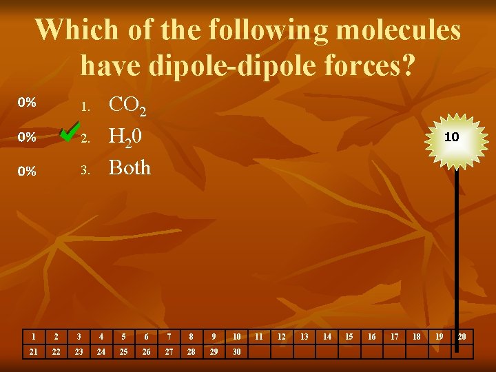 Which of the following molecules have dipole-dipole forces? CO 2 H 20 Both 1.