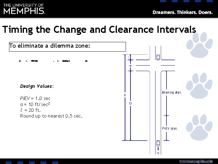 Timing the Change and Clearance Intervals To eliminate a dilemma zone: Design Values: PIEV