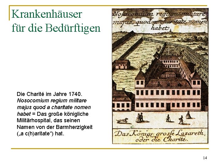 Krankenhäuser für die Bedürftigen Die Charité im Jahre 1740. Nosocomium regium militare majus quod