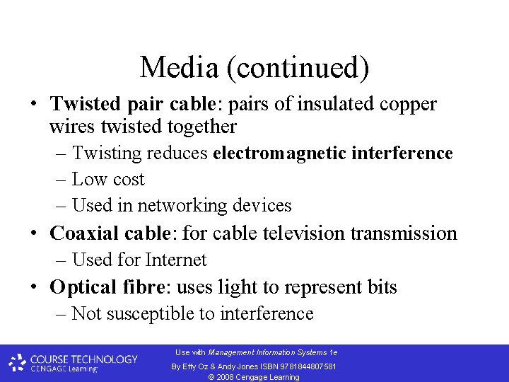 Media (continued) • Twisted pair cable: pairs of insulated copper wires twisted together –