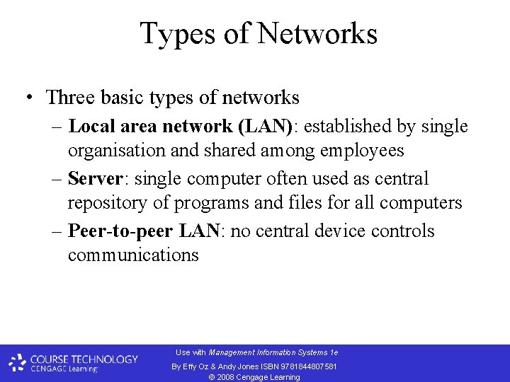 Types of Networks • Three basic types of networks – Local area network (LAN):