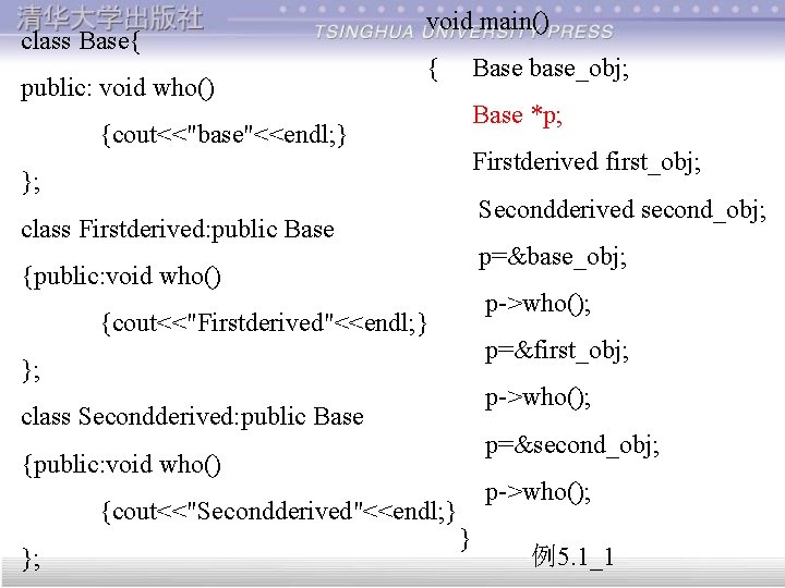 class Base{ public: void who() void main() { Base base_obj; Base *p; {cout<<"base"<<endl; }