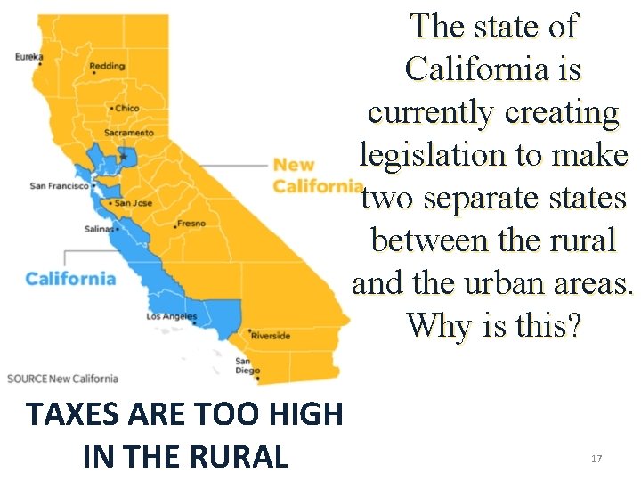 The state of California is currently creating legislation to make two separate states between