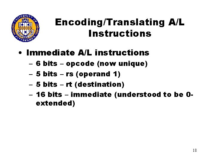 Encoding/Translating A/L Instructions • Immediate A/L instructions – – 6 bits – opcode (now