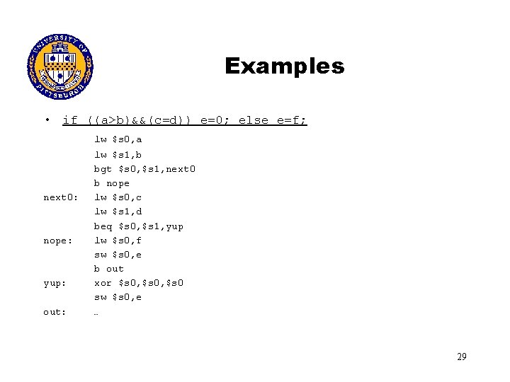 Examples • if ((a>b)&&(c=d)) e=0; else e=f; lw $s 0, a next 0: nope: